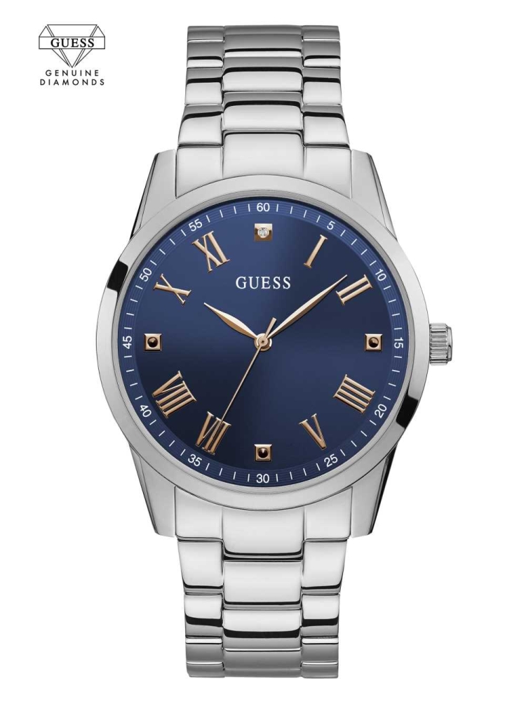 Silver Men\'s GUESS Silver-Tone Diamond Analog Watches | USA18OYQUP