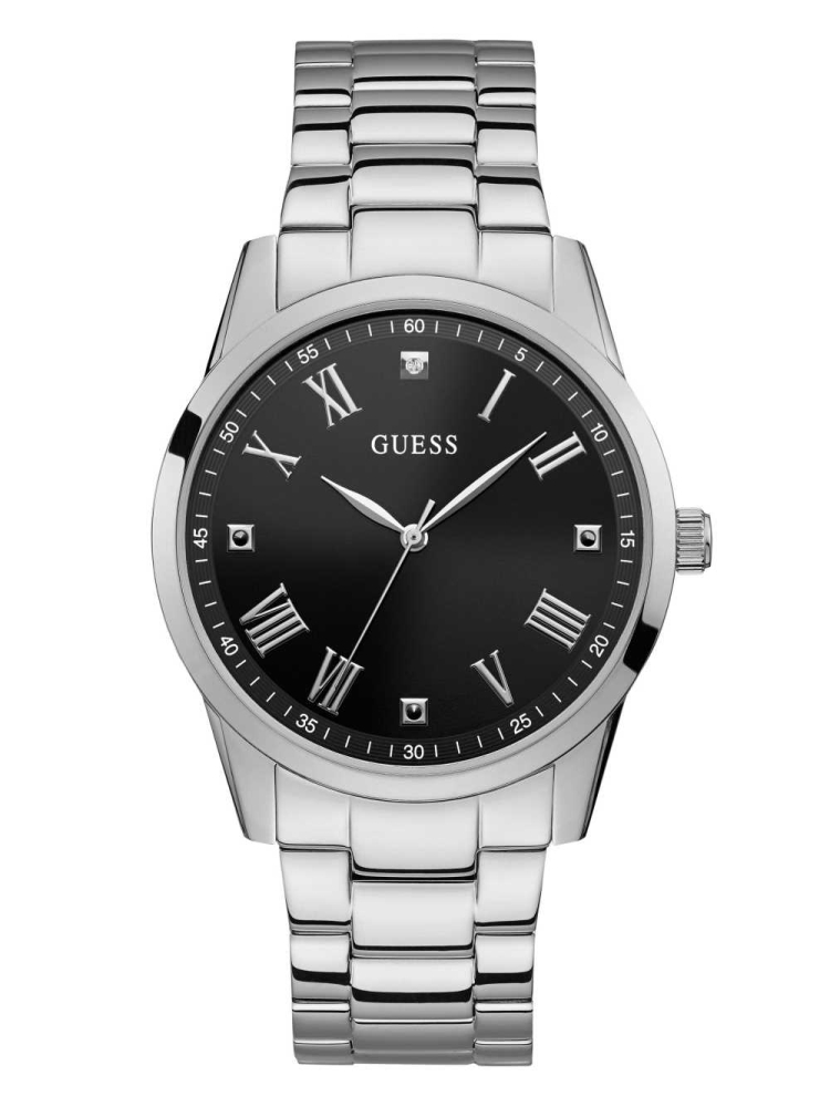 Silver Men's GUESS Silver-Tone Diamond Analog Watches | USA76WZJHQ