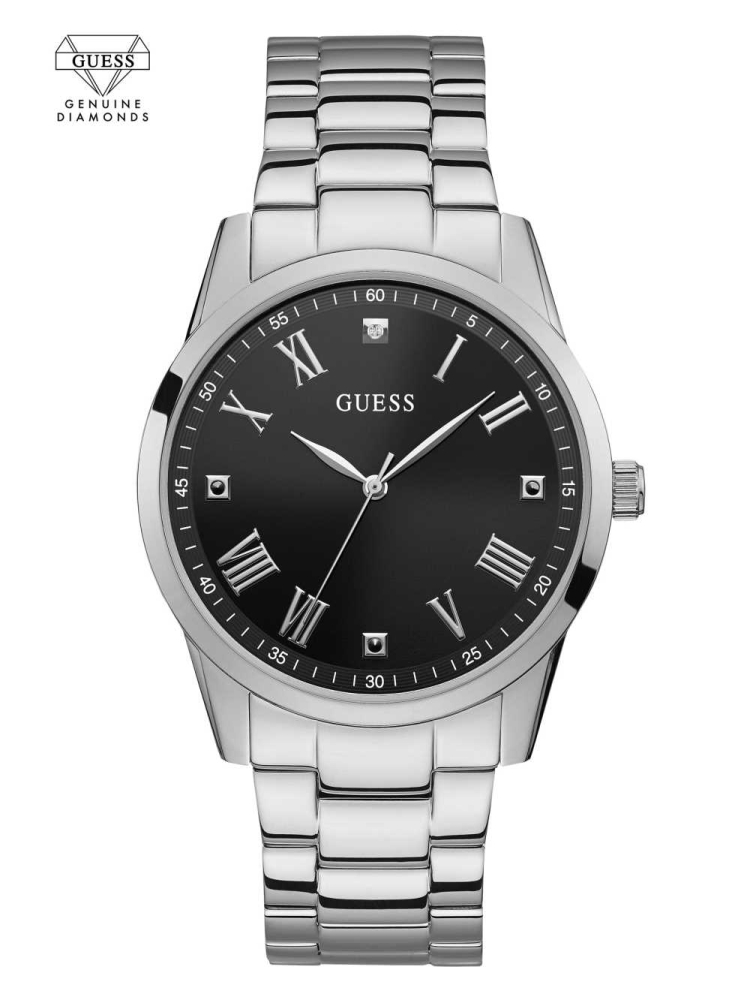 Silver Men\'s GUESS Silver-Tone Diamond Analog Watches | USA76WZJHQ