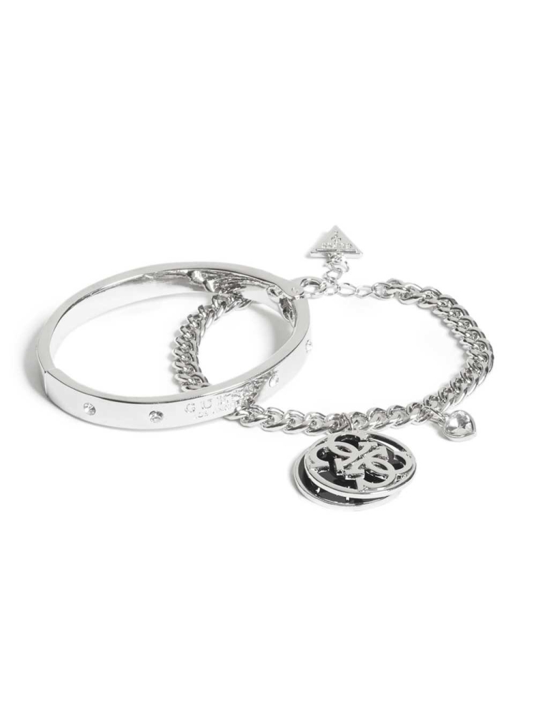 Silver Women\'s GUESS Cadence Silver-Tone Logo Set Bracelet | USA04XPKVW