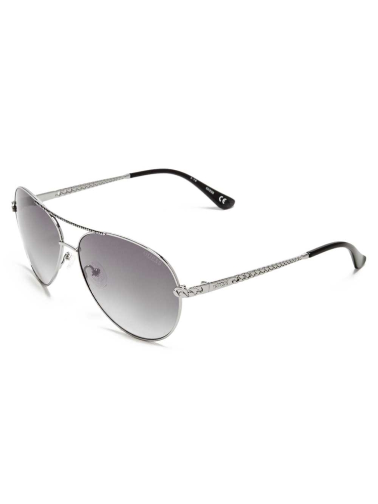 Silver Women's GUESS Catherine Rhinestone Aviator Sunglasses | USA94AQDFO