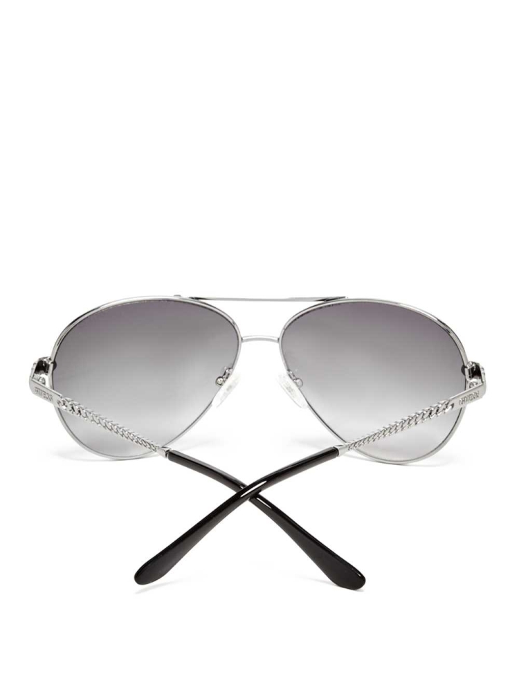 Silver Women's GUESS Catherine Rhinestone Aviator Sunglasses | USA94AQDFO