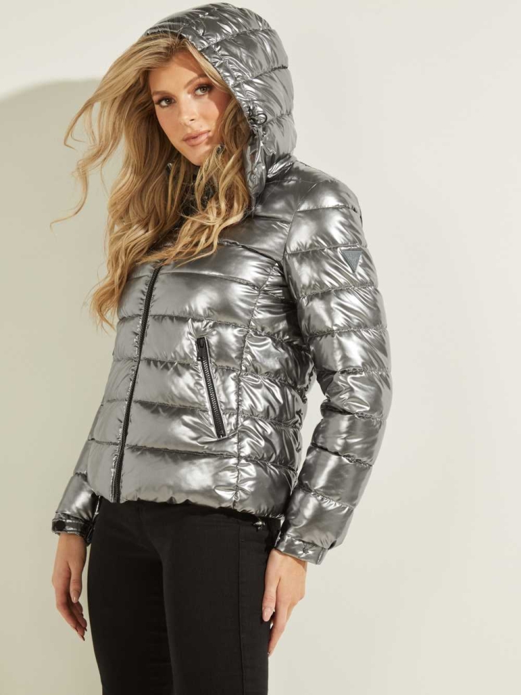 Silver Women's GUESS Fiorenza Metallic Puffer Jackets | USA52FKADB