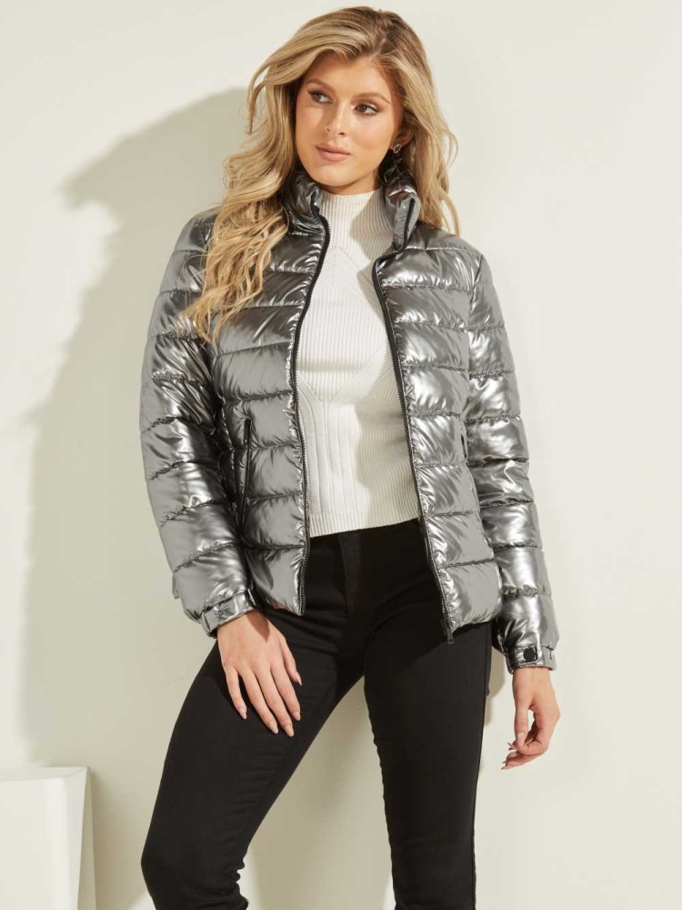 Silver Women's GUESS Fiorenza Metallic Puffer Jackets | USA52FKADB