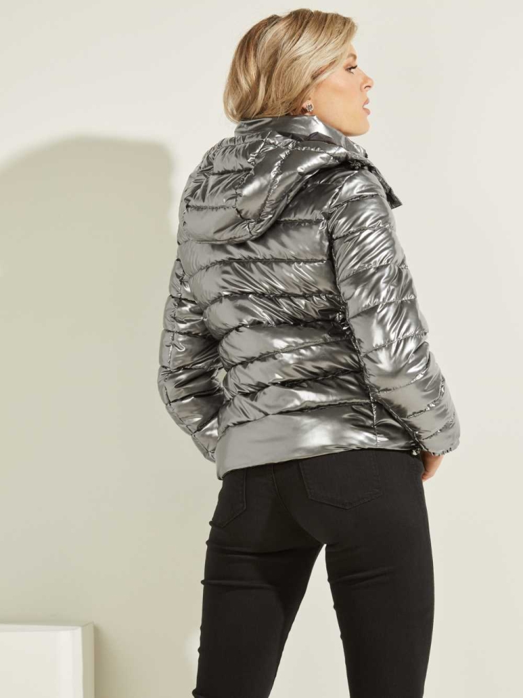 Silver Women's GUESS Fiorenza Metallic Puffer Jackets | USA52FKADB