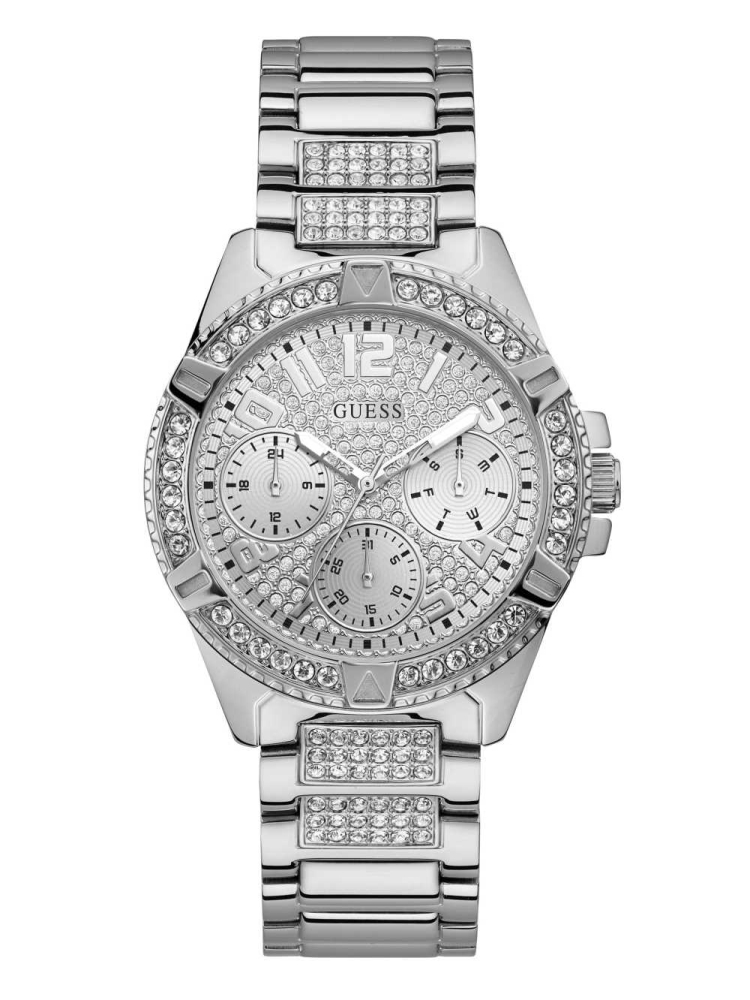 Silver Women\'s GUESS Rhinestone Silver-Tone Multifunction Watches | USA56XUHRO