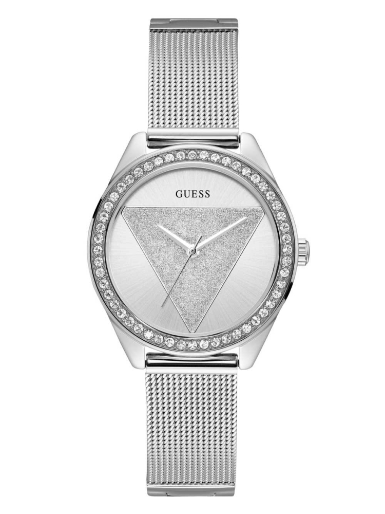 Silver Women\'s GUESS Silver-Tone Logo Analog Watches | USA41PHVYF