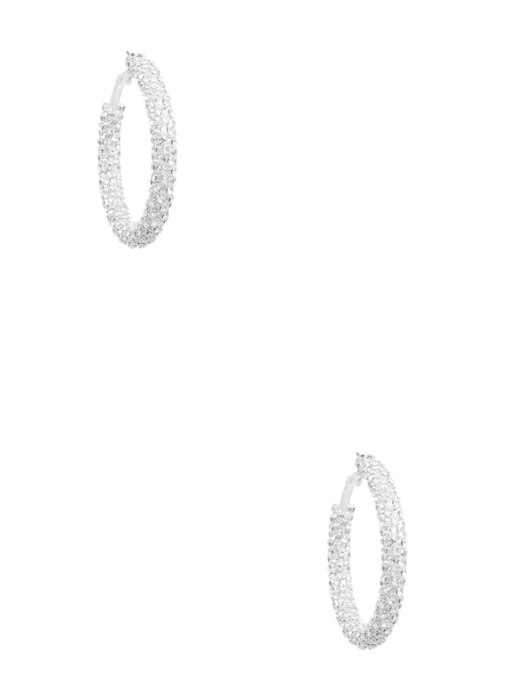 Silver Women's GUESS Silver-Tone Rhinestone Hoop Earrings | USA53DQPFZ