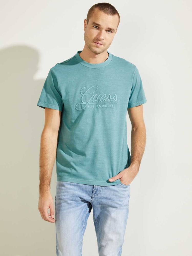 Turquoise Men's GUESS Classical Embroidered Logo T-Shirts | USA82WUBVY