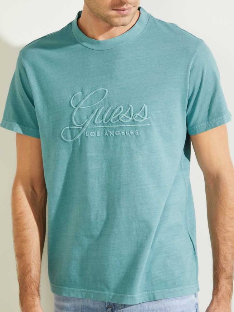 Turquoise Men's GUESS Classical Embroidered Logo T-Shirts | USA82WUBVY