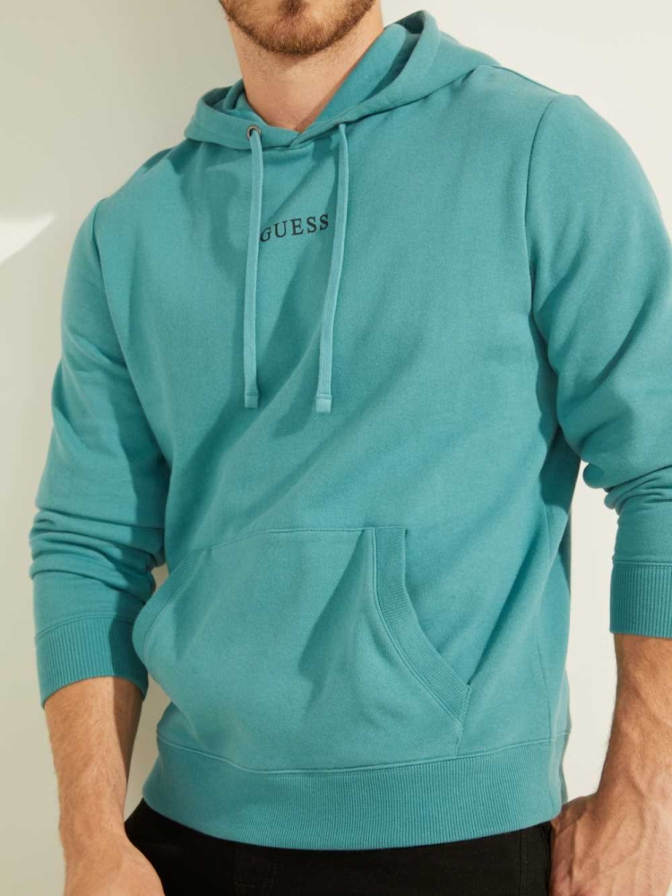 Turquoise Men's GUESS Eco Roy Embroidered Logo Hoodies | USA13WMHFO