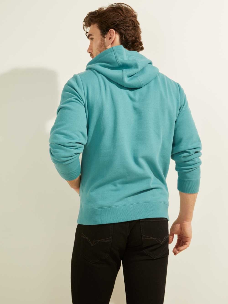 Turquoise Men's GUESS Eco Roy Embroidered Logo Hoodies | USA13WMHFO