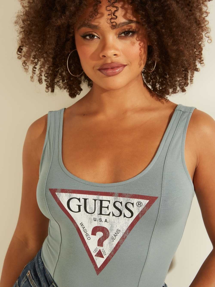 Turquoise Women's GUESS Triangle Logo Bodysuit | USA62VQKCM