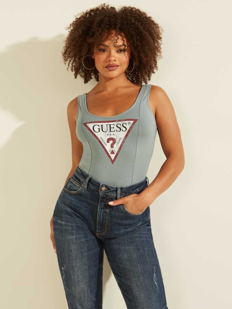 Turquoise Women\'s GUESS Triangle Logo Bodysuit | USA62VQKCM