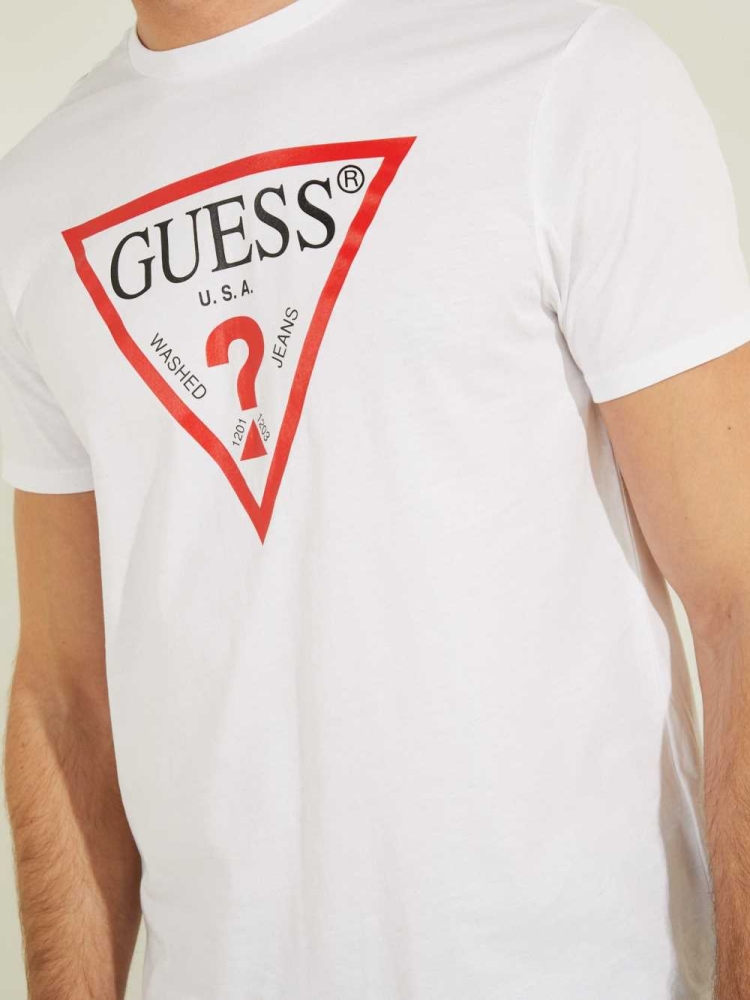 White Men's GUESS Classic Logo T-Shirts | USA59JAQWL