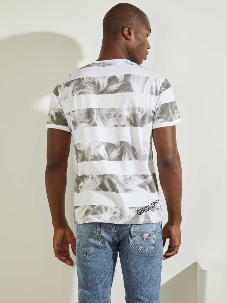 White Men's GUESS Eco Striped Photo T-Shirts | USA01NPCUO