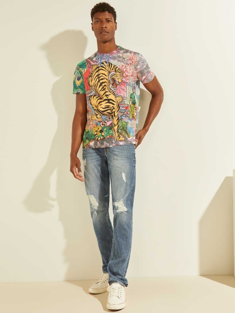 White Men's GUESS Eco Tiger Graphic T-Shirts | USA49NBIXF