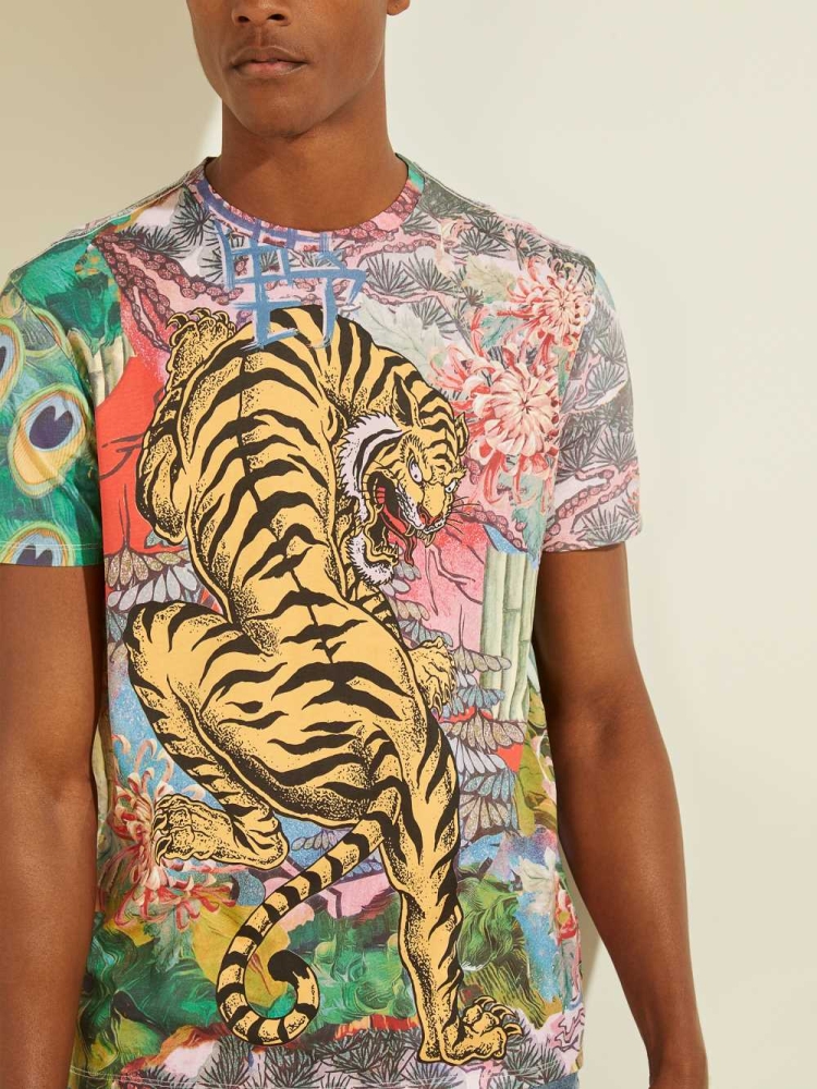 White Men's GUESS Eco Tiger Graphic T-Shirts | USA49NBIXF