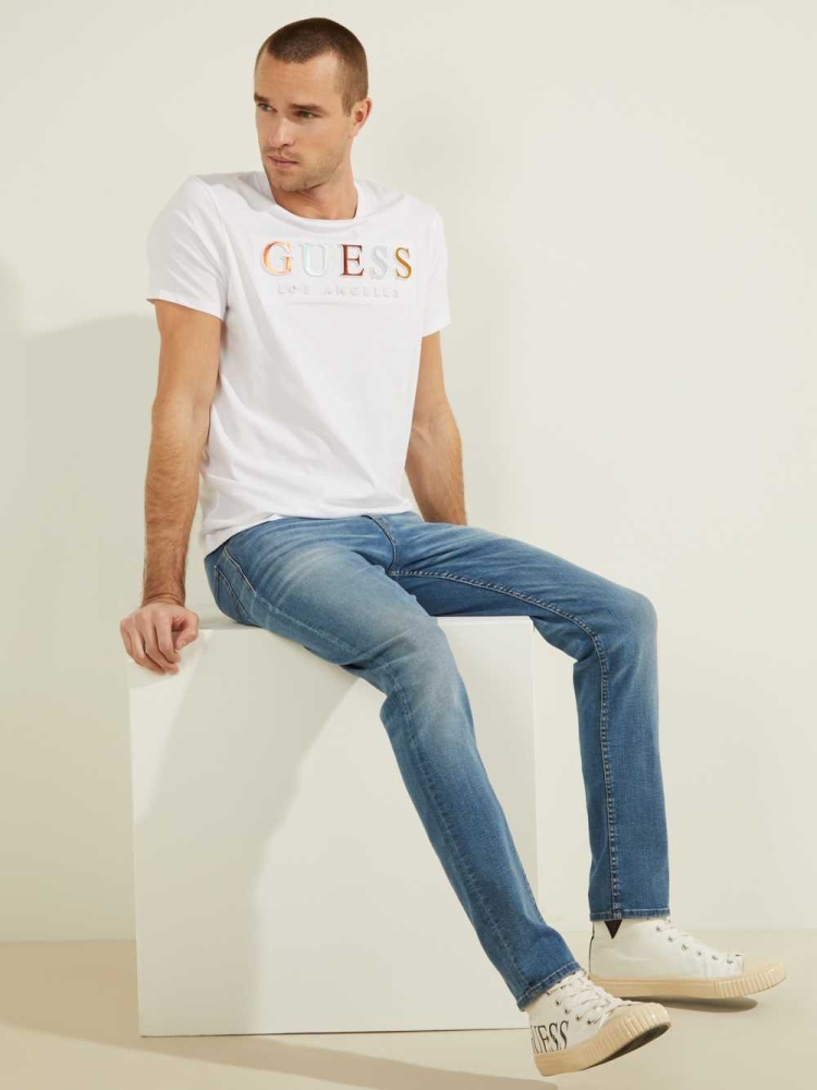 White Men's GUESS Embossed Logo T-Shirts | USA94WIZLP