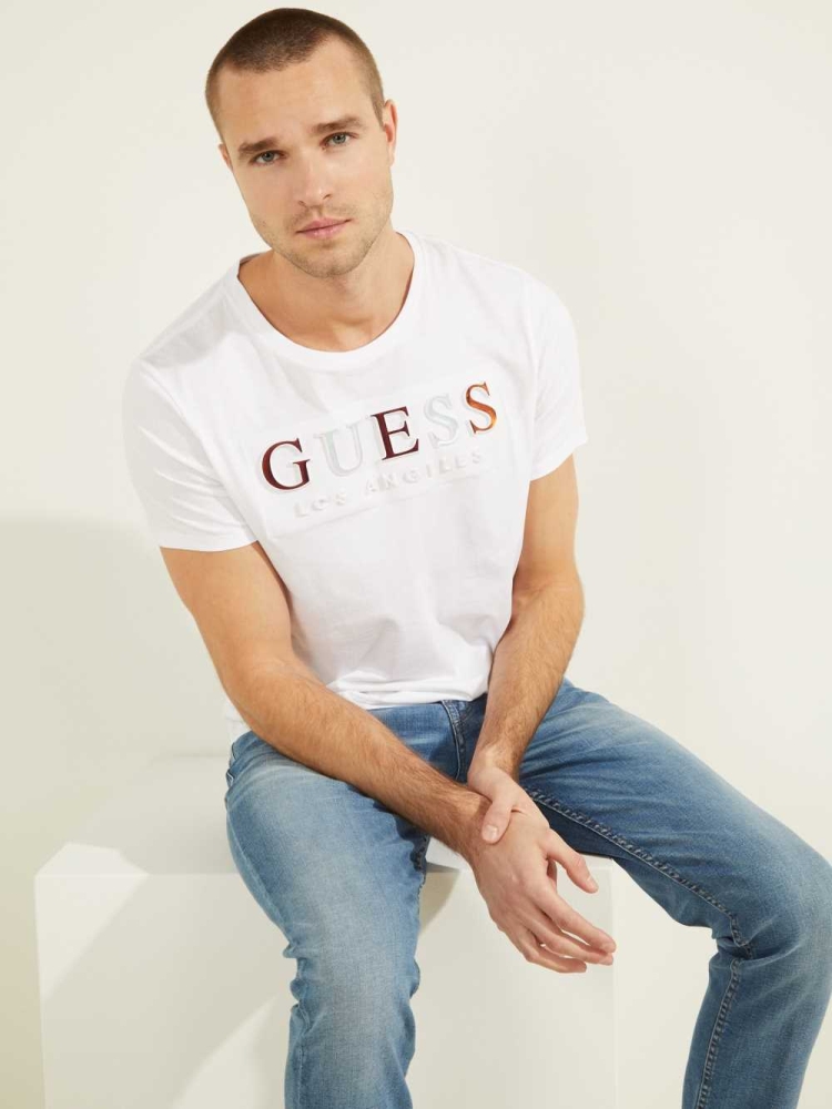 White Men's GUESS Embossed Logo T-Shirts | USA94WIZLP