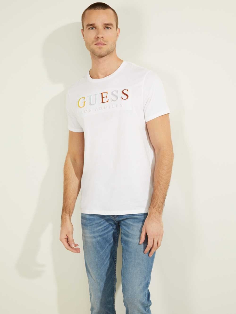 White Men\'s GUESS Embossed Logo T-Shirts | USA94WIZLP