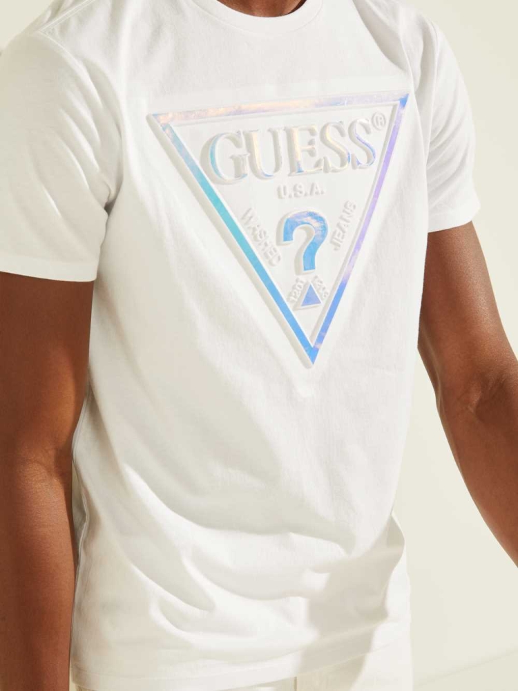 White Men's GUESS Hologram Logo T-Shirts | USA65FXNHJ