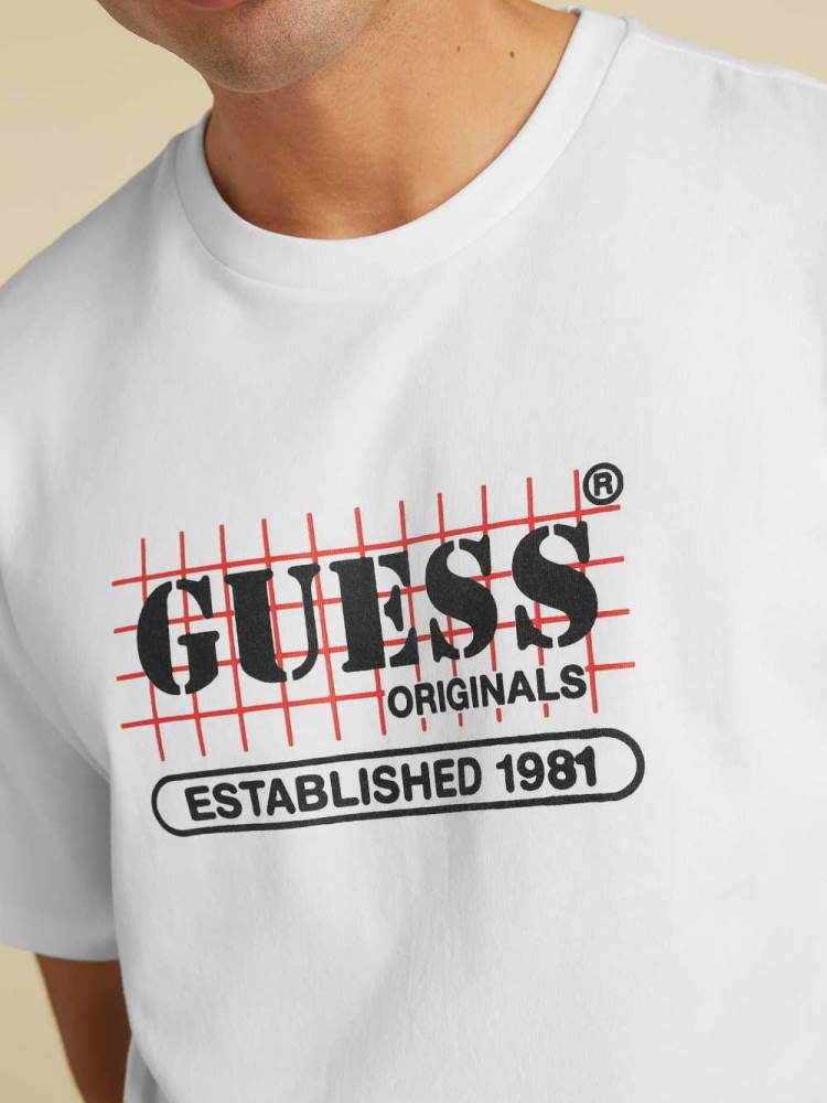 White Men's GUESS Originals Grid T-Shirts | USA71MENPX