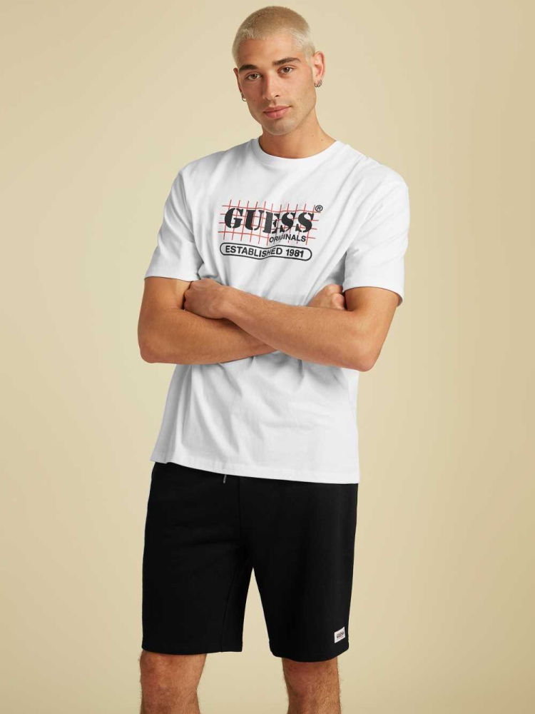 White Men's GUESS Originals Grid T-Shirts | USA71MENPX