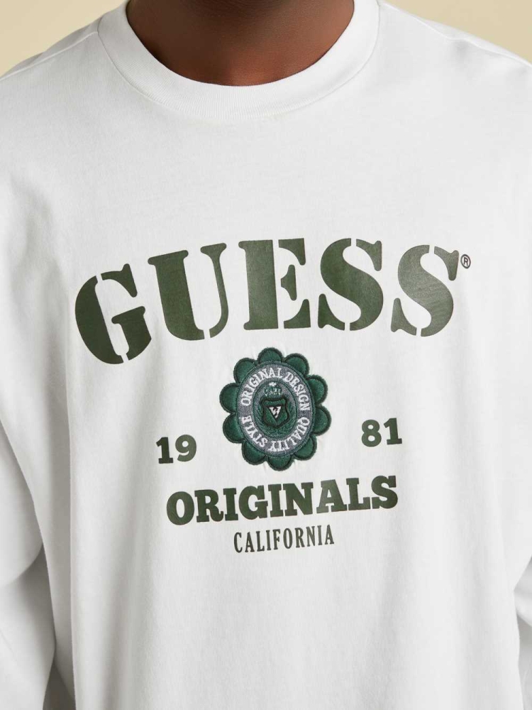 White Men's GUESS Originals Logo Long Sleeve T-Shirts | USA74HMZWN