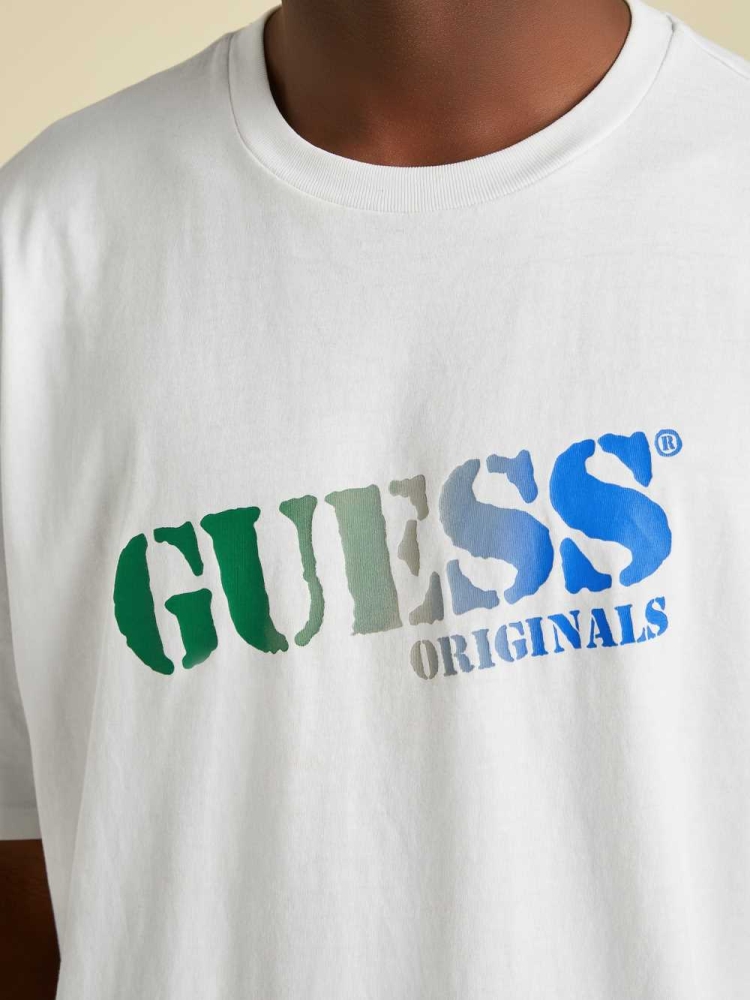 White Men's GUESS Originals Ombre Logo T-Shirts | USA49GEQTI