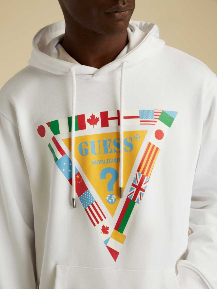 White Men's GUESS Summer Games Logo Hoodies | USA73OGJQH