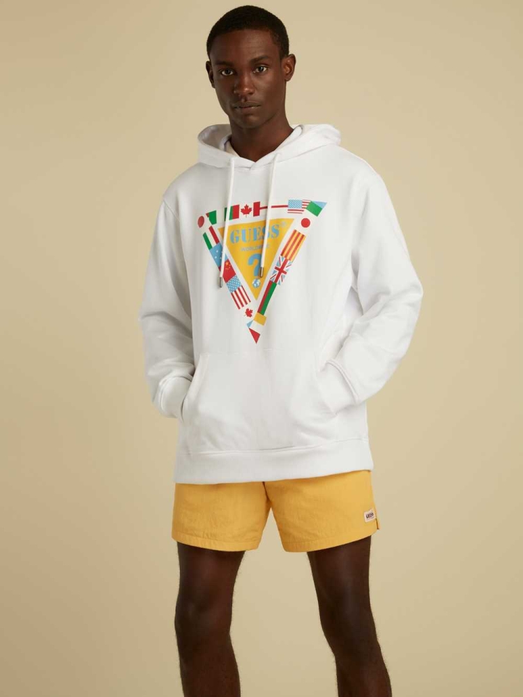 White Men's GUESS Summer Games Logo Hoodies | USA73OGJQH