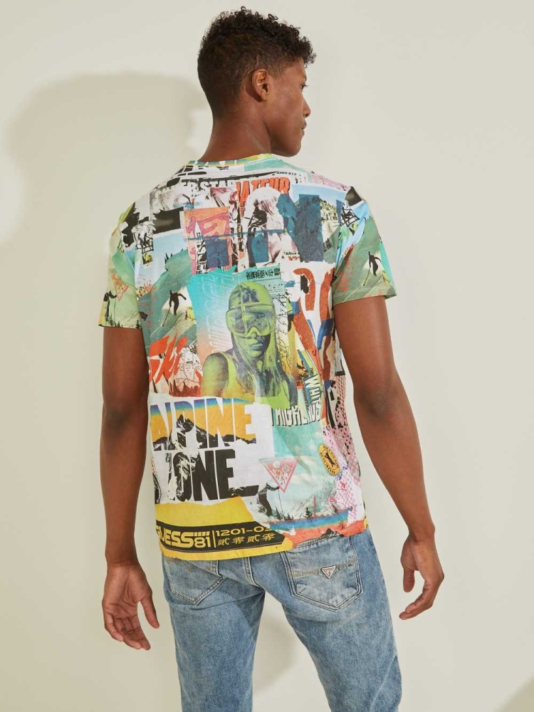 White Multicolor Men's GUESS Collage Poster T-Shirts | USA42VBZKX