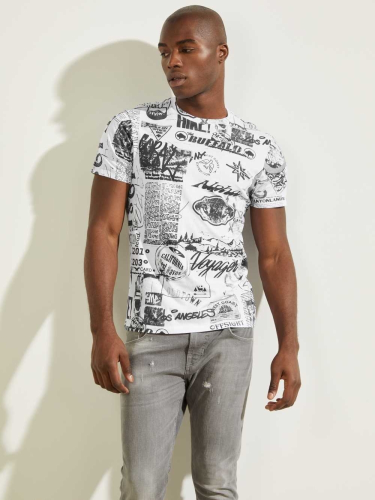 White Multicolor Men's GUESS Eco Resort Collage T-Shirts | USA05XVKBI