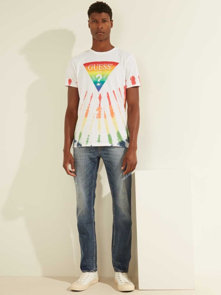 White Multicolor Men's GUESS Rainbow Logo Tie-Dye T-Shirts | USA65EISXD