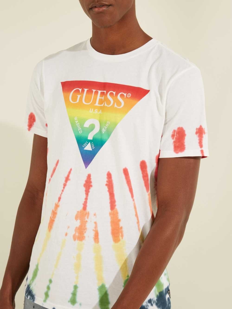 White Multicolor Men's GUESS Rainbow Logo Tie-Dye T-Shirts | USA65EISXD