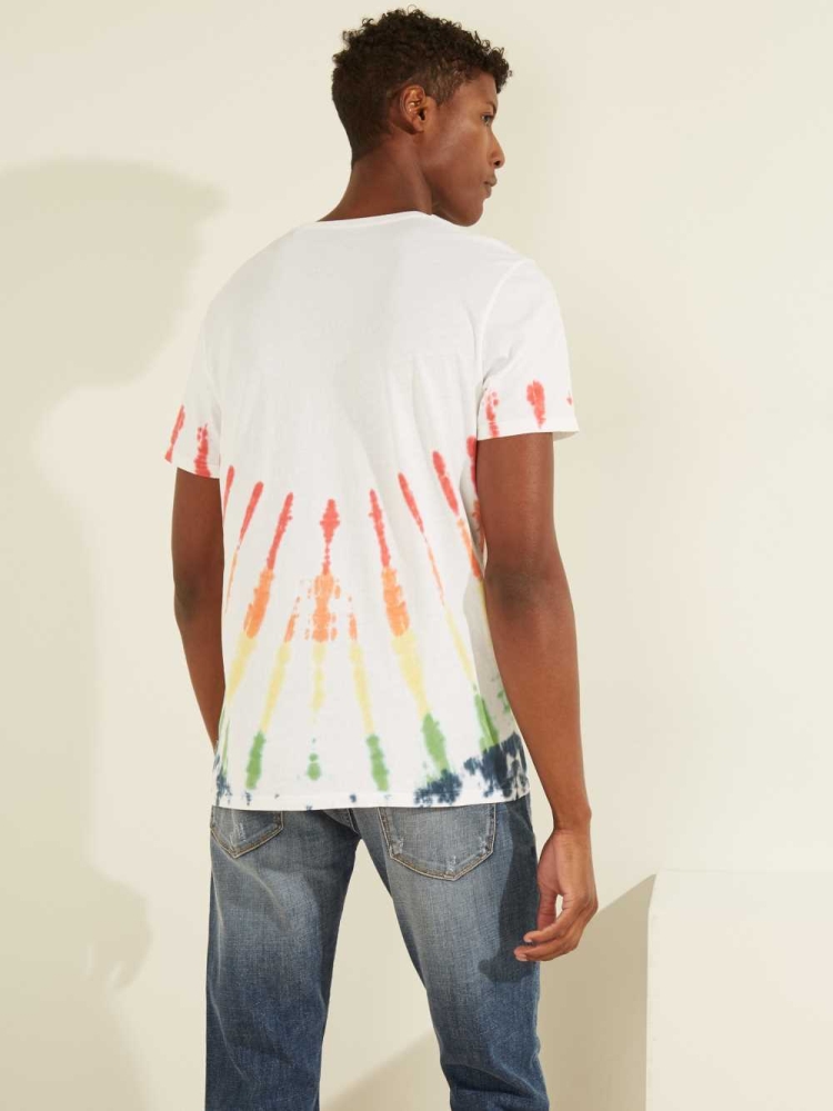 White Multicolor Men's GUESS Rainbow Logo Tie-Dye T-Shirts | USA65EISXD