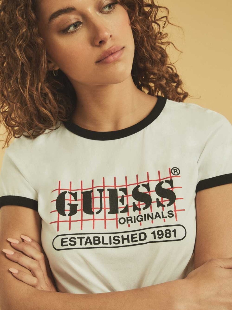 White Multicolor Women's GUESS Originals Ringer T-Shirts | USA94QDTAC