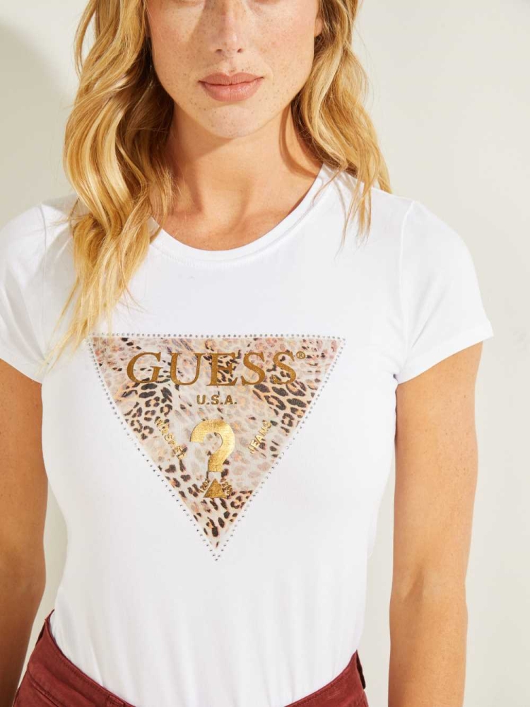 White Women's GUESS Eco Ghost Leopard Logo T-Shirts | USA89HZCVO