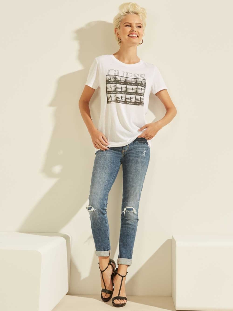 White Women's GUESS Film Roll Easy T-Shirts | USA72MVJNP