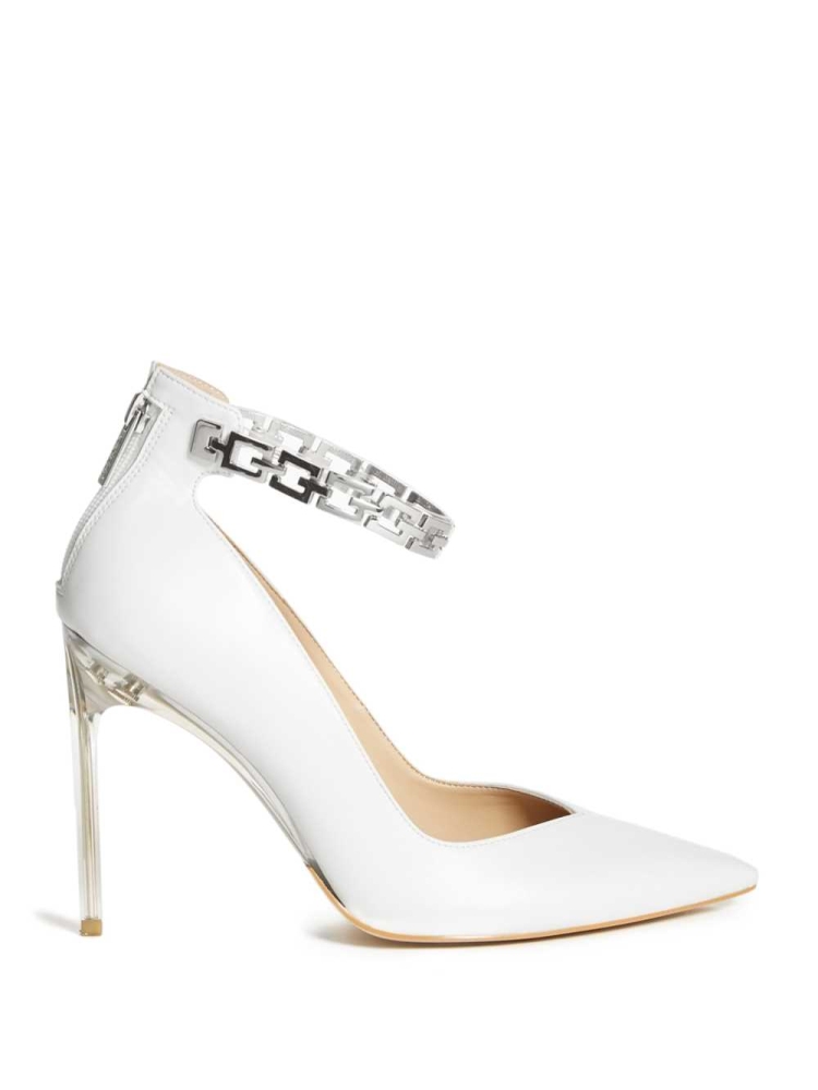 White Women's GUESS G-Chain Ankle Strap Pumps Pumps | USA30LYEMU