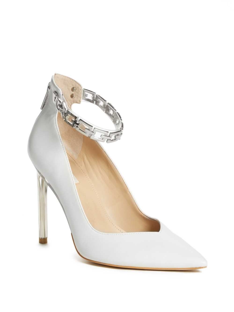 White Women\'s GUESS G-Chain Ankle Strap Pumps Pumps | USA30LYEMU