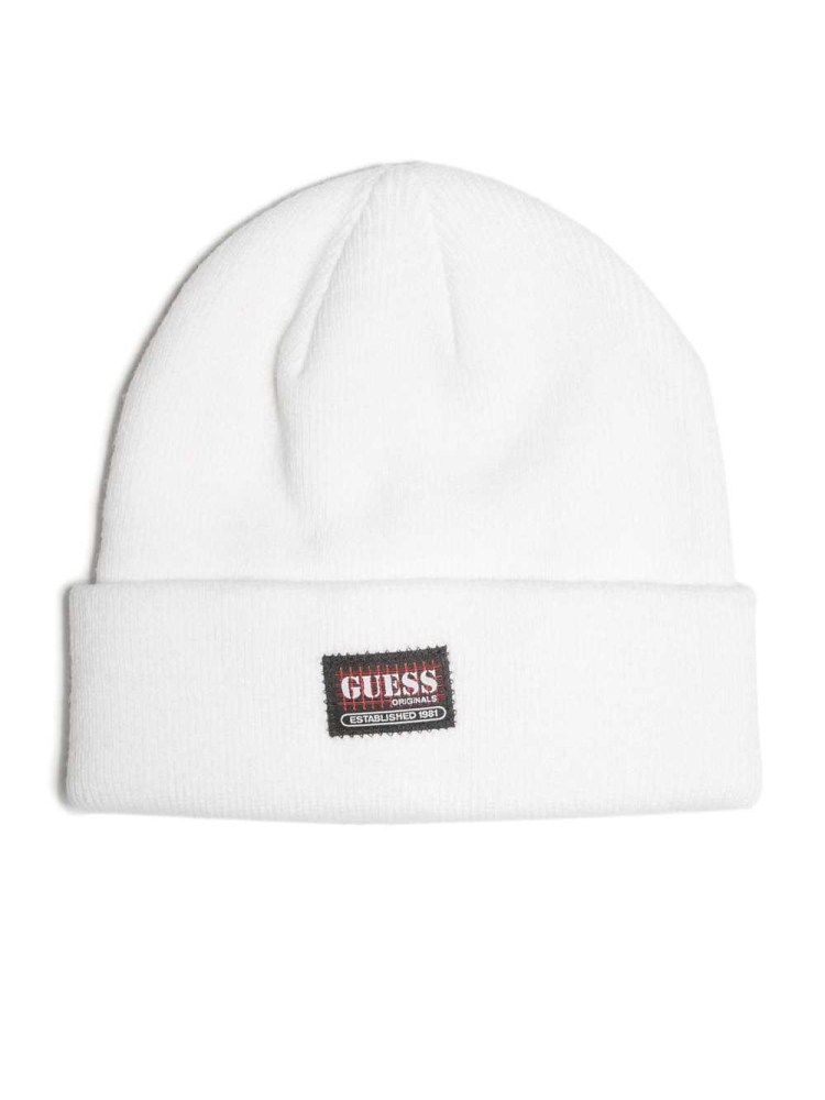 White Women's GUESS Originals Logo Beanie | USA05XGHMZ