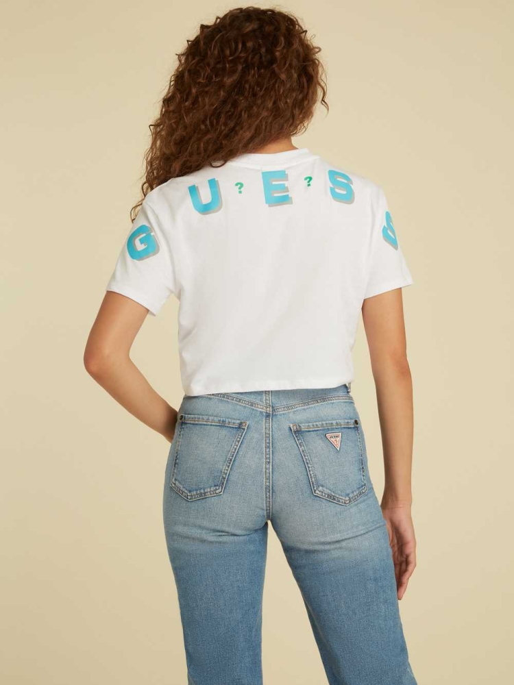 White Women's GUESS Originals Logo Crop T-Shirts | USA57LXNIJ