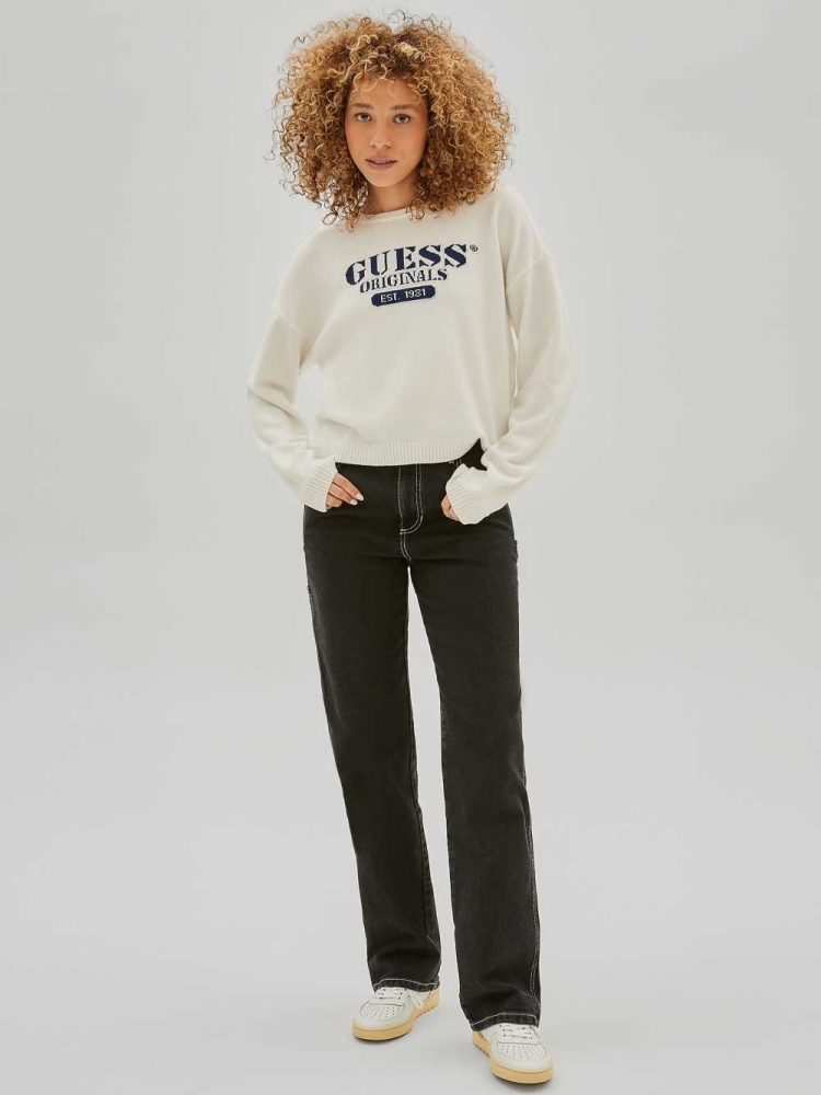 White Women's GUESS Originals Logo Sweaters | USA79YQPBX