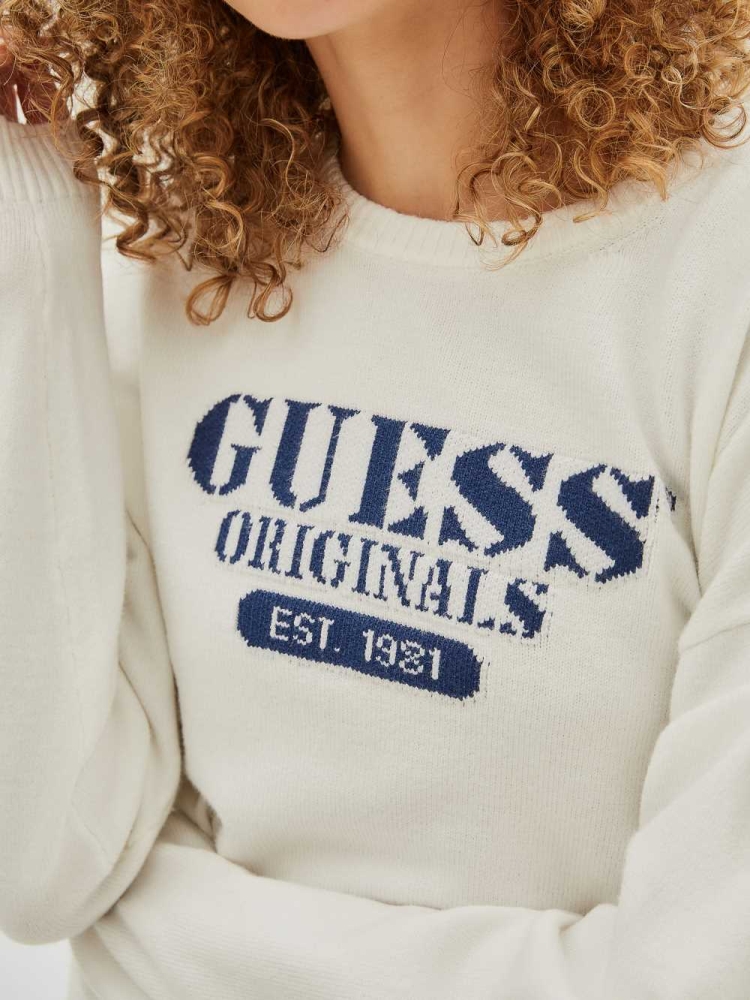 White Women's GUESS Originals Logo Sweaters | USA79YQPBX