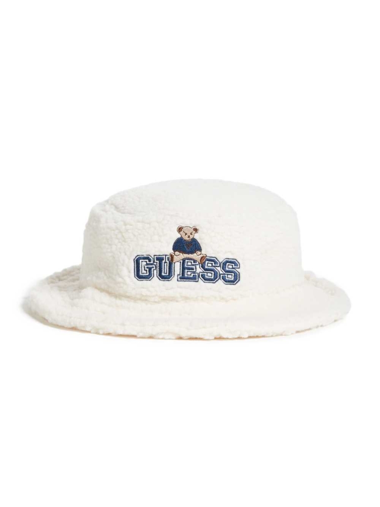 White Women's GUESS Originals x Bear Sherpa Bucket Hats | USA39ADSUB