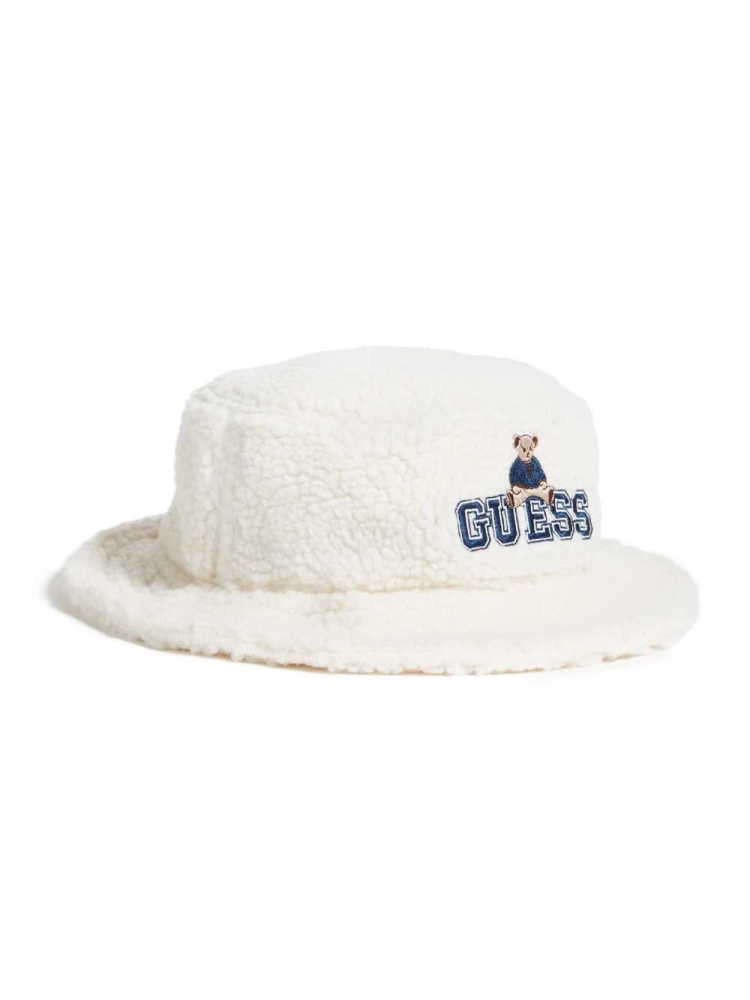 White Women's GUESS Originals x Bear Sherpa Bucket Hats | USA39ADSUB