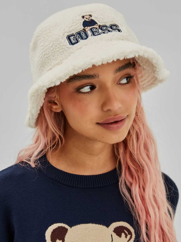 White Women\'s GUESS Originals x Bear Sherpa Bucket Hats | USA39ADSUB