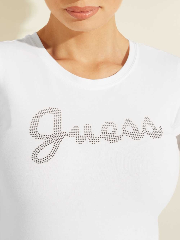 White Women's GUESS Split Script Logo T-Shirts | USA36VRFND